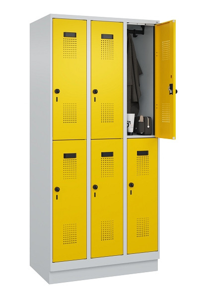 C+P Doppelstöckiger Spind Evolo PLUS, mit Sockel, 6 Fächer, 1950x900x500mm, 7035, RAL 1023 Verkehrsgelb, Drehriegel, 049320-30 S10001