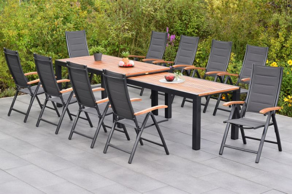 Merxx Paxos Set 11-teilig, 10 Klappsessel, gepolstert, graphit/grau, 1 Flex Ausziehtisch 180/180 x 100/83 x 80/74 cm, 50830-307