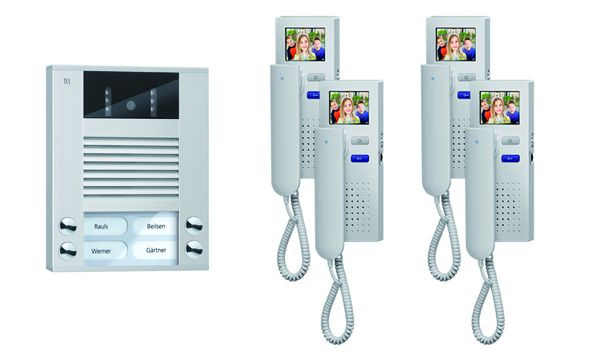 TCS Türkontrollsystem video:pack AP für 4 Wohneinheiten, mit Außenstation AVE 4 Klingeltasten, 4x Video Türtelefon IVH3222, Steuerung, PVE1540-0010