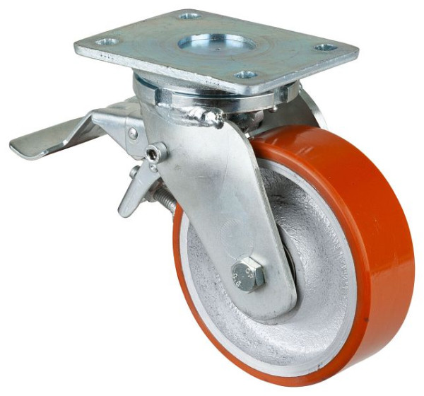 BS Rollen Schwerlastrolle mit Rad-/Feststeller, Breite 50 mm, Ø150 mm, bis 800 kg, Guss-Polyurethan 95 Shore A, Körper Guss, Kugellager, RR120.C10.150