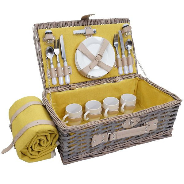 Mendler Picknickkorb-Set HWC-B24 für 4 Personen, Weiden-Korb, Porzellan Edelstahl, grau-gelb, 76399