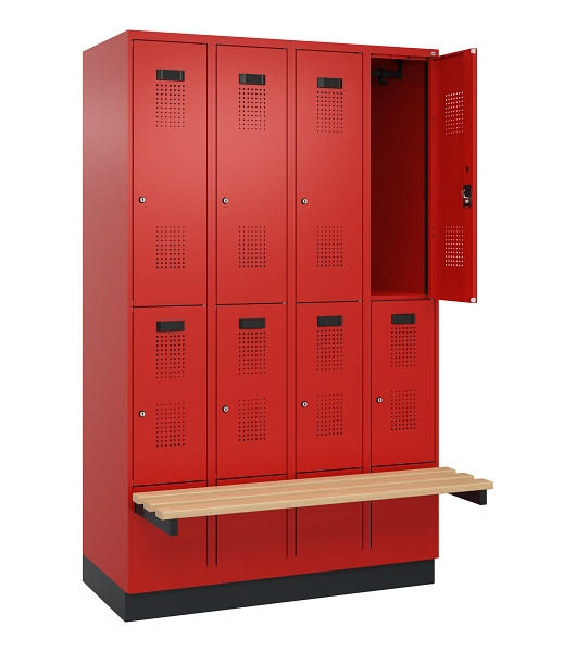 C+P Doppelstock-Spind Evolo PLUS, Bank, 8 Fächer, 1950x1200x815mm, 3020/3020, Zylinderschloss, Sitzfläche Buche-Hartholz, mit Sockel, 049340-40 S10052