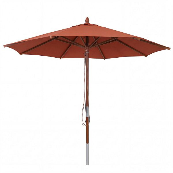 Mendler Gastronomie Holz-Sonnenschirm HWC-C57b, Gartenschirm, Polyester/Holz 14kg, rund Ø3m Seilzug stoßsicher, terrakotta, 120487