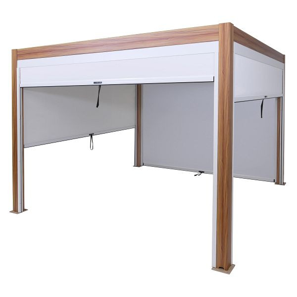 Mendler Pergola HWC-L46 mit Seitenwand, Lamellen-Pavillon Rollo, 10cm-Alu-Gestell, sturmfest 3x3m, Gestell Holzoptik, weiß, 120680+120681+120682+4x99266