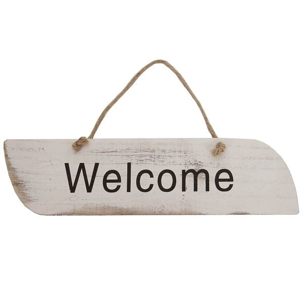 Mendler Wandschild Welcome, Dekoschild Holzschild, Shabby-Look 10x43x1cm, weiß, 44797