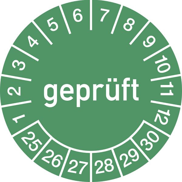 Moedel Prüfplakette geprüft 2025 - 2030, Folie, Ø 15 mm, VE: 10 Stück/Bogen, 106283