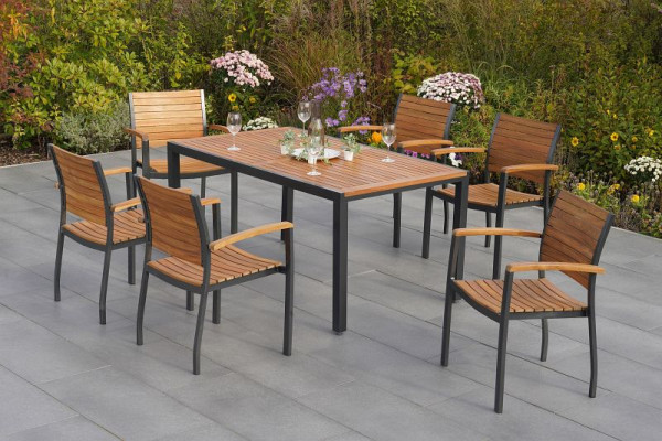 Merxx Santorin Set 7-teilig, 6 Stapelsessel, 1 Tisch 150 x 90 cm, Aluminium mit FSC Akazienholz, 50667-209