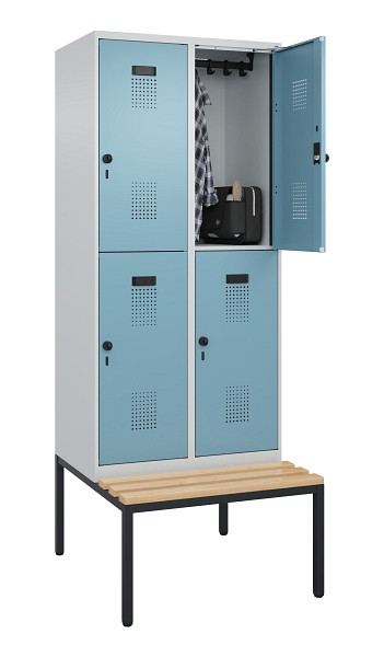 C+P Doppelstock-Spind Evolo PLUS, Bank, 4 Fächer, 2120x800x815mm, 7035/0010, Drehriegel, Sitzfläche Buche-Hartholz, Sitzbank, 0493507-22 S10009