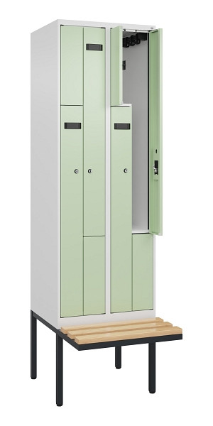 C+P Z-Spind Evolo PLUS, Bank, 4 Fächer, 2120x600x815mm, 9016/6019, Zylinderschloss, Sitzfläche Holz, 0490437-204 S10046