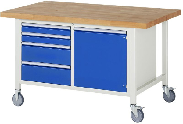 RAU Fahrbare Werkbank 8000 - Modell 8470, B1500 x T900 x H880-1080 mm, mit 4 Schubladen und 1 Tür, 15-8470A2-159B4H.11