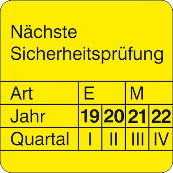 SafetyMarking Prüfplakette, Nächste Sicherheitsprüfung, Prüfzeitraum: 19-22, BxH 3x3 cm, Folie, selbstklebend, VE: 15 Stück/Bogen, 30.0842-19-22