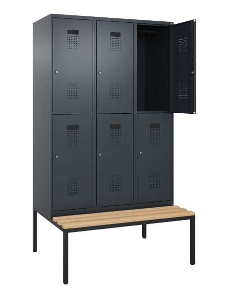 C+P Doppelstock-Spind Evolo PLUS, Bank, 6 Fächer, 2120x1200x815mm, 7016/7016, Zylinderschloss, Sitzfläche Buche-Hartholz, Sitzbank, 0493507-32 S10043