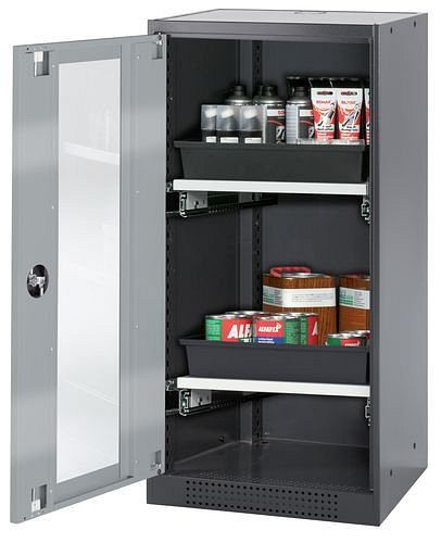 asecos Chemikalienschrank Systema-T CS-52LG, Korpus anthrazit, Flügeltüren silber, 2 Tablarauszüge, 208677