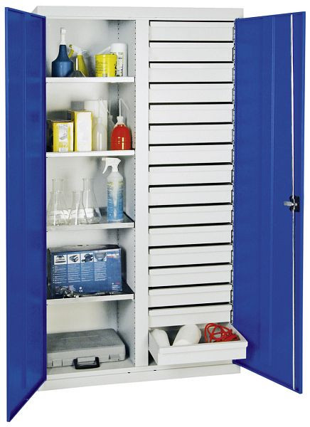 stumpf Werkzeug- und Materialschrank Serie 2000, 7035/5010, 4 Fachböden, Mitteltrennwand, 16 Schubladen, 2004174