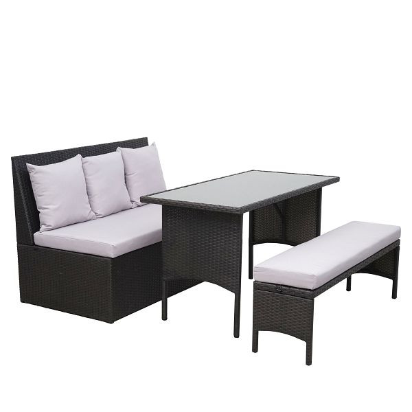Mendler Poly-Rattan Garnitur HWC-G16, Garten-/Lounge-Set Sitzgruppe, Gastronomie 2er Sofa Tisch Bank, schwarz, Kissen hellgrau, 70860