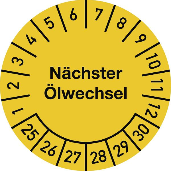 Moedel Prüfplakette Nächster Ölwechsel 2025-2030, Dokumentenfolie, Ø 25 mm, VE: 10 Stück/Bogen, 106278
