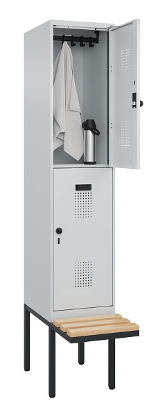 C+P Doppelstock-Spind Evolo PLUS, Bank, 2 Fächer, 2120x400x815mm, 7035/7035, Drehriegel, Sitzfläche Buche-Hartholz, 0493407-12 S10013
