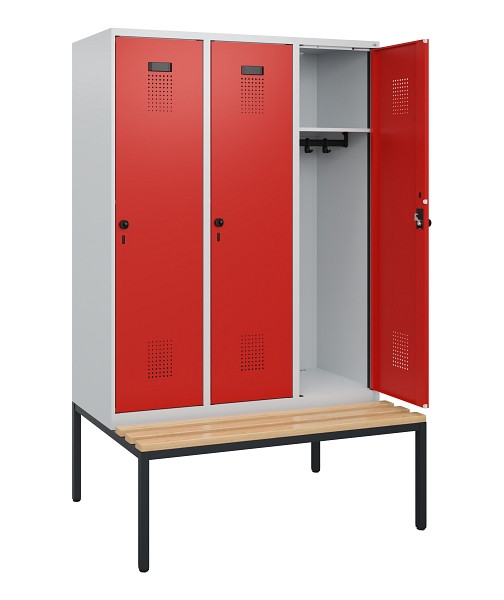 C+P Spind Evolo PLUS, 3 Abteile, 1950x1200x815mm, 7035/3020, Drehriegel, Sitzfläche Buche-Hartholz, Sitzbank, 0490505-32 S10005