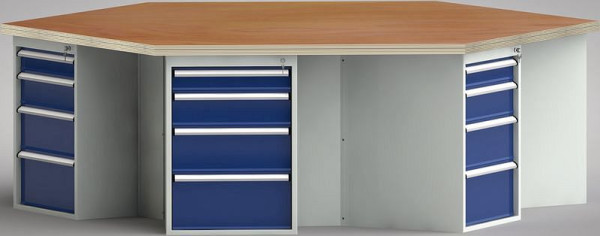 KLW PROFI-Werkbank in Sechseckform mit Buchen-Multiplexplatte in 6-Eck-Form 2338 x 2700 x 45 mm L x B x S, WP620N-1350M45-E8004