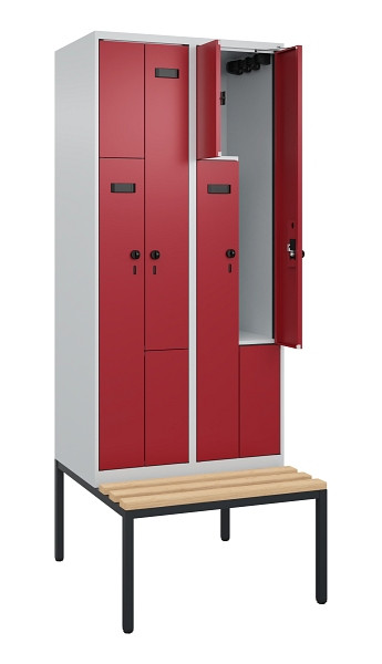 C+P Z-Spind Evolo PLUS, Bank, 4 Fächer, 2120x800x815mm, 7035/3003, Drehriegel, Sitzfläche Buche-Hartholz, Sitzbank, 0490537-224 S10010