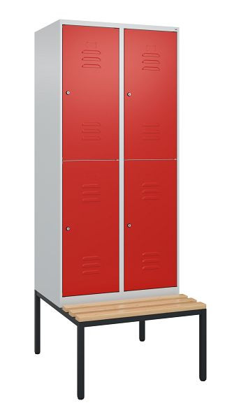 C+P Doppelstöckiger Spind Classic PLUS, 2 Abteile, 2120x800x815mm, 7035/3020, Zylinderschlösser, Buche-Sitzleisten, Sitzbank, 0803507-22 S10092
