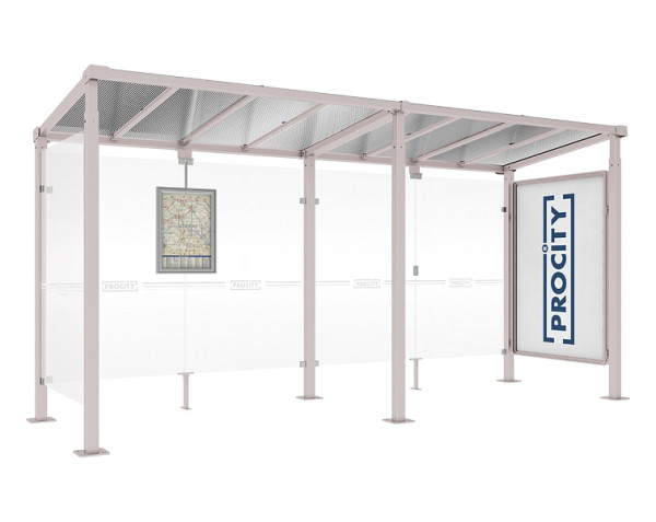Procity Wartehalle Milano - 1 Schaukasten 2000 + 1 Seitenverkleidung, Farbe RAL 7044, Maße: Breite 5000 x Höhe 2545 x Tiefe 1824 mm, 529247.7044