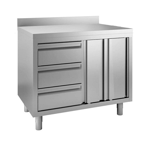 Vaiotec TOPLINE Arbeitsschrank 700 / Flügeltüren, 3 Schubladen links und Aufkantung L: 1400 mm, 11497