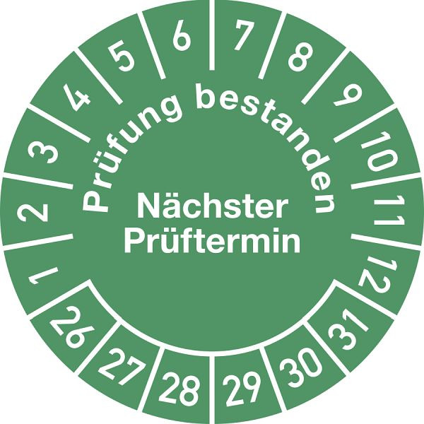 Moedel Prüfplakette Prüfung bestanden...2026 - 2031, Folie, Ø 30 mm, VE: 10 Stück/Bogen, 106770
