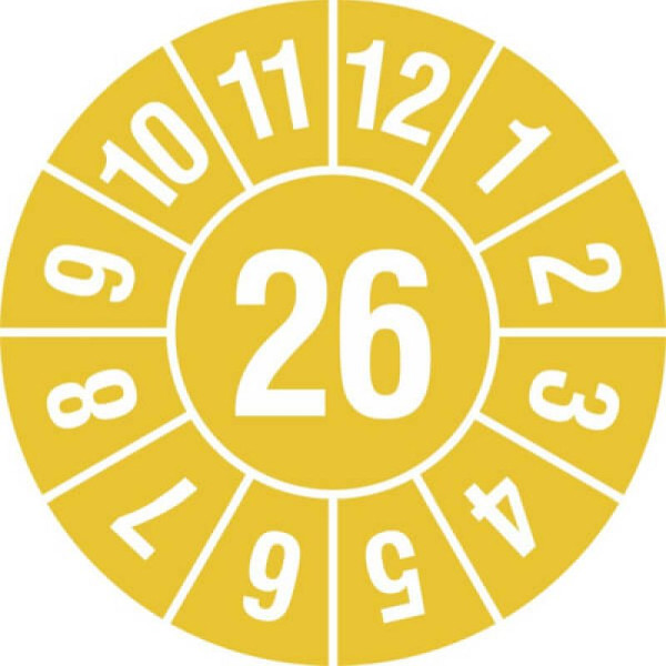 Stein HGS Prüfplaketten mit Jahresfarbe (1 Jahr), Ø 15 mm, gelb, 2026, Jahreszahl 2-stellig, 31.3693-26