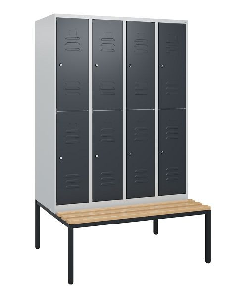 C+P Doppelstöckiger Spind Classic PLUS, 4 Abteile, 1950x1200x815mm, 7035/7016, Zylinderschlösser, Buche-Sitzleisten, Sitzbank, 0803505-40 S10038