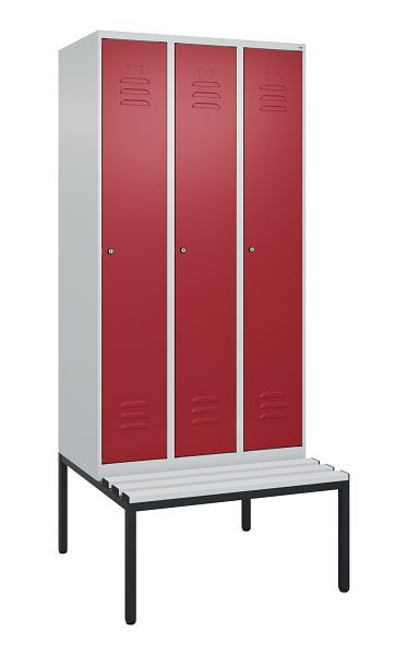 C+P Umkleidespind Classic PLUS, mit untergebauter Sitzbank, 3 Abteile, 2120x900x815mm, 7035/3003, Zylinderschlösser, 0800507-30 S10015