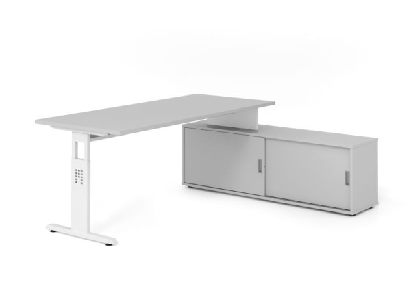 Hammerbacher Aufsatz-Schreibtisch OSE19, 180x80cm, Platte: Grau, 25mm dick, T-Fuß Gestell Weiß, Ahorn, VOSE19SB/5/W/5/5