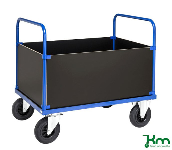 Kongamek Kofferwagen, 2 Bock- und 2 Lenkrollen aus Vollgummi mit Bremsen, 1000 x 700 x 900 mm, hohe Kanten, blau pulverlackiert, KM335-2HB