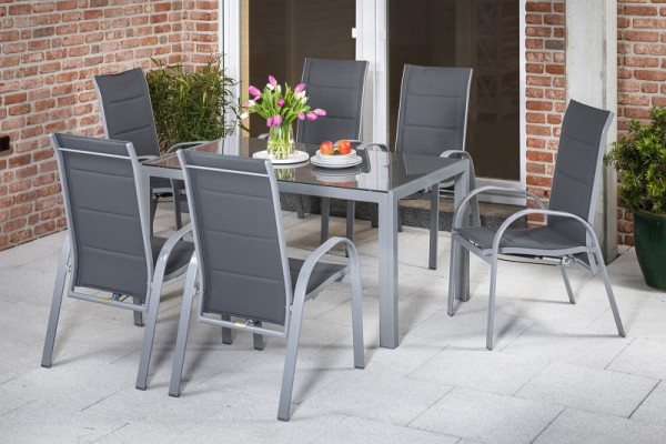 Merxx Amalfi Set 7-teilig, 4 Amalfi Stapelsessel mit hoher Rückenlehne, 2 Amalfi Stapelsessel, 1 Tisch 150 x 90 cm, moderne Optik, silber/grau, 50359-309