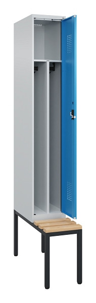 C+P Spind Evolo PLUS, 1 Abteile, 2120x300x815mm, 7035/5012, Haken 4, Zylinderschloss, Sitzfläche Buche-Hartholz, Sitzbank, 0490507-10F S10035