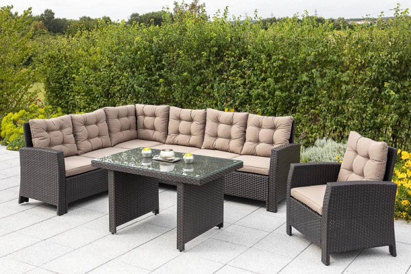Merxx Salerno Eckbank Dinning Set, 1 Eckbank inkl. Sitz- und Rückenkissen, 1 Sessel, 1 Tisch 120 x 70 cm, aufliegende Glasplatte, braun/beige, 50466-210
