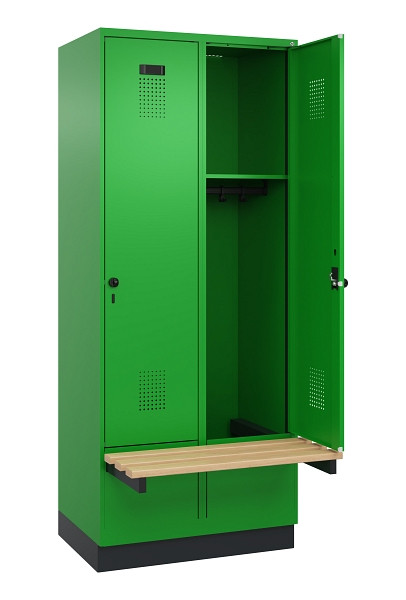 C+P Spind Evolo PLUS, 2 Abteile, 1950x800x815mm, 6037/6037, Drehriegel, Sitzfläche Holz, Sitzbank auskragend Sockel, 049040-22 S10026