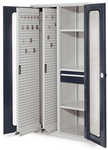 Kappes RasterPlan Vertikalschrank Modell 82, 1950 x 1000 x 600 mm, RAL 7035/7016, Sichtfenstertür, 2 Auszüge Lochplatten, 1465.03.5024