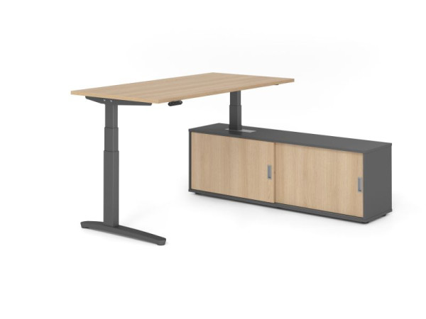 Hammerbacher Schreibtisch XBHM16, 160x80cm, Platte: Eiche, 25mm dick, C-Fuß Gestell Graphit, Höhe: 65 - 129 cm, Ahorn, VXBHM16SB/E/G/G/E