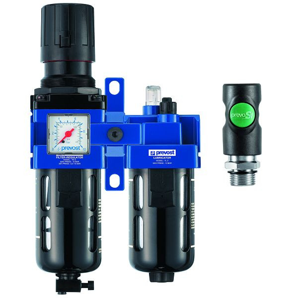Prevost ALTO3- Doppelblock- Filterregler mit Manometer, Öler, Wandbefestigungsset+ Zwischenstück ungeölte Luft, G 1/2, Kupplung=ESI 07, KTB SM3ES