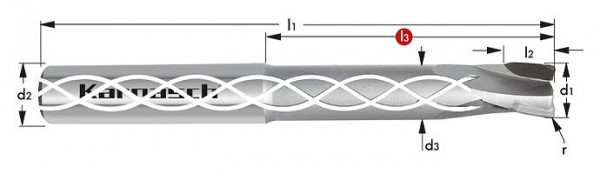 Karnasch PKD-Eckenradiusfräser mit IK, positiv d= 12,0 / r= 2,0 / L3= 36 / Z= 3, 30653412002036