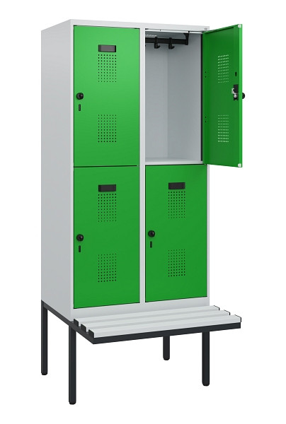 C+P Doppelstock-Spind Evolo PLUS, Bank, 4 Fächer, 1950x800x815mm, 7035/6037, Drehriegel, Sitzfläche Kunststoff, 0493405-22 S10102