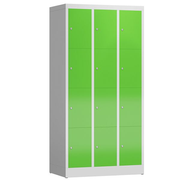 Lüllmann ClassiX Schließfachschrank, 3 Abteile à 4 Fächer, 1800 x 870 x 500 mm, lichtgrau/gelbgrün, X-520435