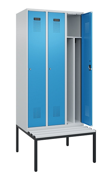 C+P Spind Evolo PLUS, 3 Abteile, 2120x900x815mm, 7035/5012, Haken 4, Zylinderschloss, Sitzfläche Kunststoff, Sitzbank, 0490507-30F S10088