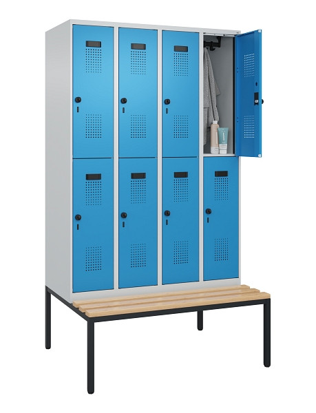 C+P Doppelstock-Spind Evolo PLUS, Bank, 8 Fächer, 2120x1200x815mm, 7035/5012, Drehriegel, Sitzfläche Buche-Hartholz, Sitzbank, 0493507-40 S10007