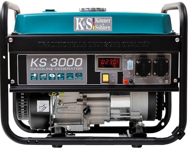 Könner & Söhnen 3000W Benzin Stromerzeuger, 2x16A(230V), 12V, Voltregler, Ölmangelsicherung, Überspannungsschutz, Anzeige, KS 3000