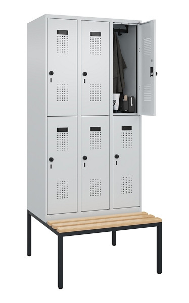 C+P Doppelstock-Spind Evolo PLUS, Bank, 6 Fächer, 2120x900x815mm, 7035/7035, Drehriegel, Sitzfläche Buche-Hartholz, Sitzbank, 0493507-30 S10013
