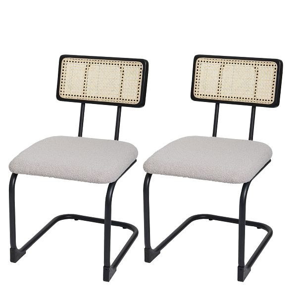 Mendler 2er-Set Freischwinger-Stuhl HWC-K88, Stuhl Lehnstuhl, Holz Rattan Metall Bouclé, Stoff/Textil hellgrau, 97715