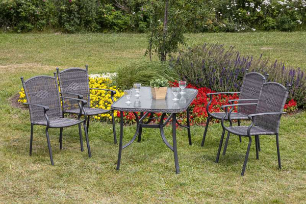 Merxx Roma Set 5-teilig, 4 Stapelsessel, 1 Tisch 150 x 80 cm, Glasplatte mit Geflechtrand, graphit/grau, Aluminiumgestell mit Kunststoffgeflecht, 50392-209