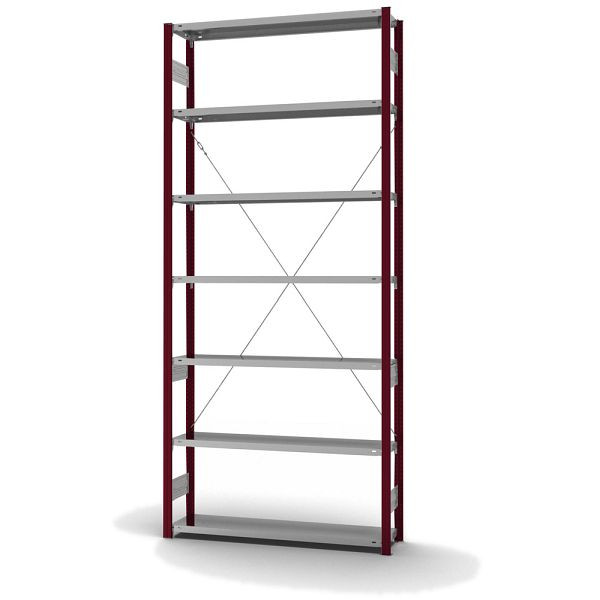 hofe Fachboden-Grundregal, 3000x300x1300 mm, 7 Fachebenen, verzinkt / RAL 3004, 175 kg Fachlast, 1700 kg Feldlast, einseitige Bedienung, HRG303013XL